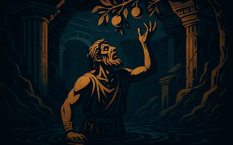  Tantalus in Greek myth reaching for unreachable fruit as punishment from the gods